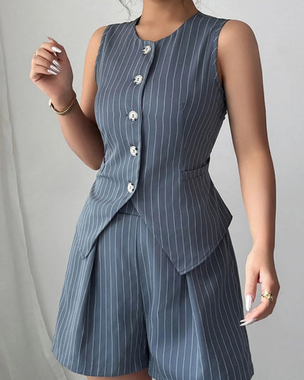 Striped Button Up Vest and Shorts Set