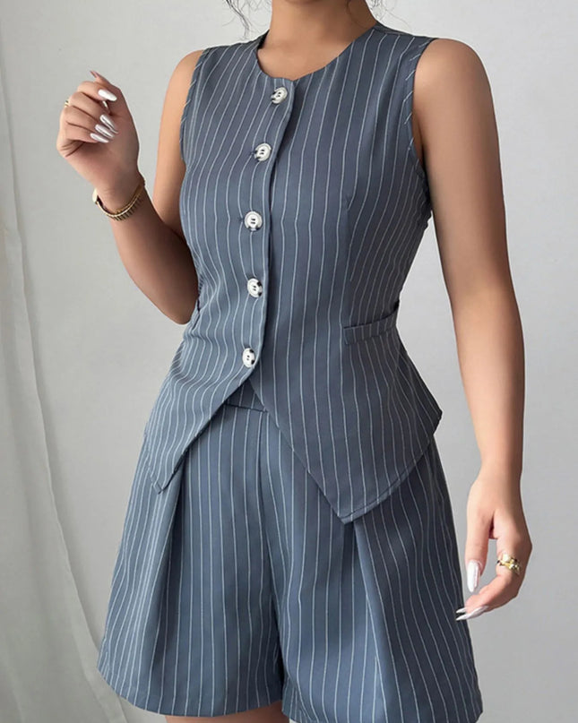 Striped Button Up Vest and Shorts Set