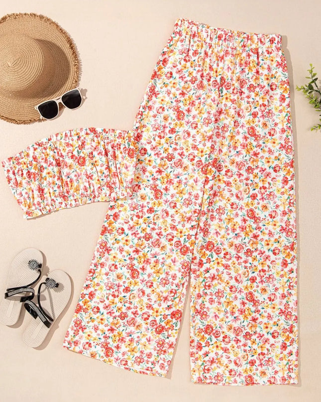 Boho Floral Bandeau Top and High Waist Wide Leg Pants Set