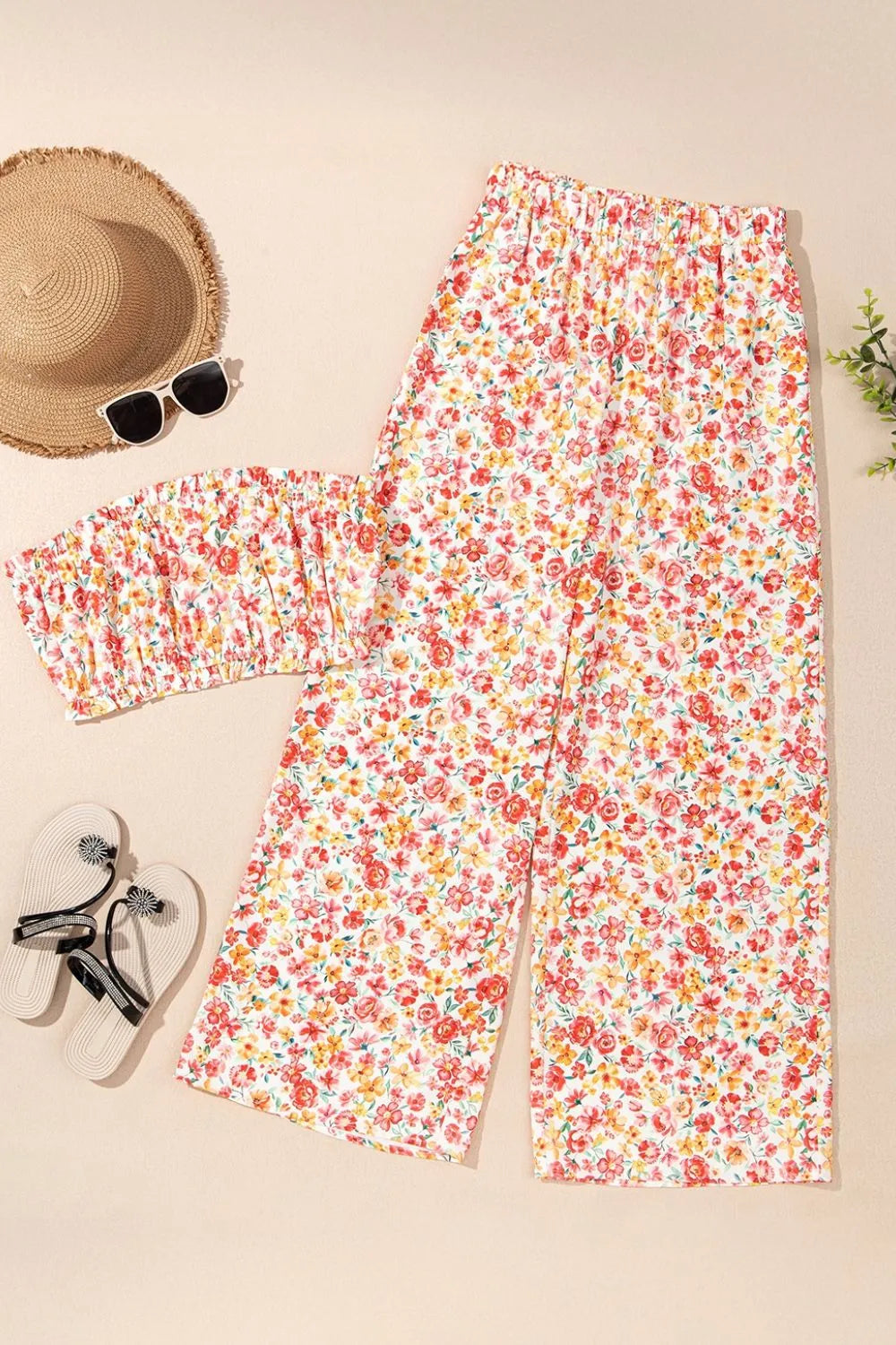 Boho Floral Bandeau Top and High Waist Wide Leg Pants Set