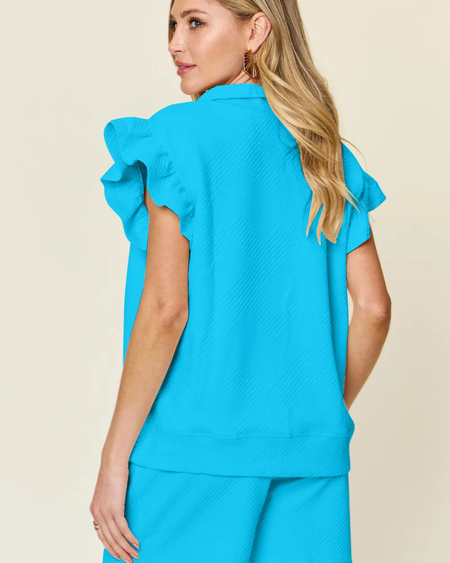 Double Take Full Size Texture Flounce Sleeve Top and Drawstring Shorts Set