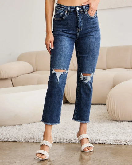 RFM Crop Dylan Full Size Tummy Control Distressed High Waist Raw Hem Jeans