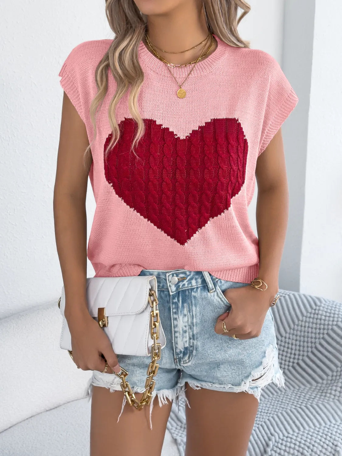 Cable Knit Heart Round Neck Cap Sleeve Knit Top