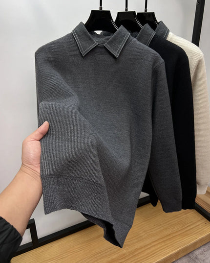 Men's Plus Size Ribbed Knit Collared Neck Sweater Plush Dark Gray