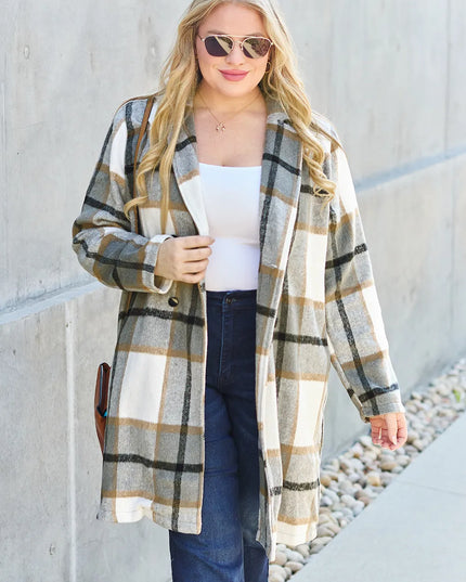 Double Take Full Size Plaid Button Up Lapel Collar Coat
