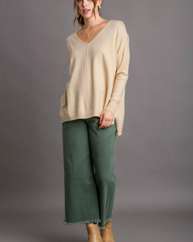 Umgee V-Neck High Low Hem Knit Top with Side Slit