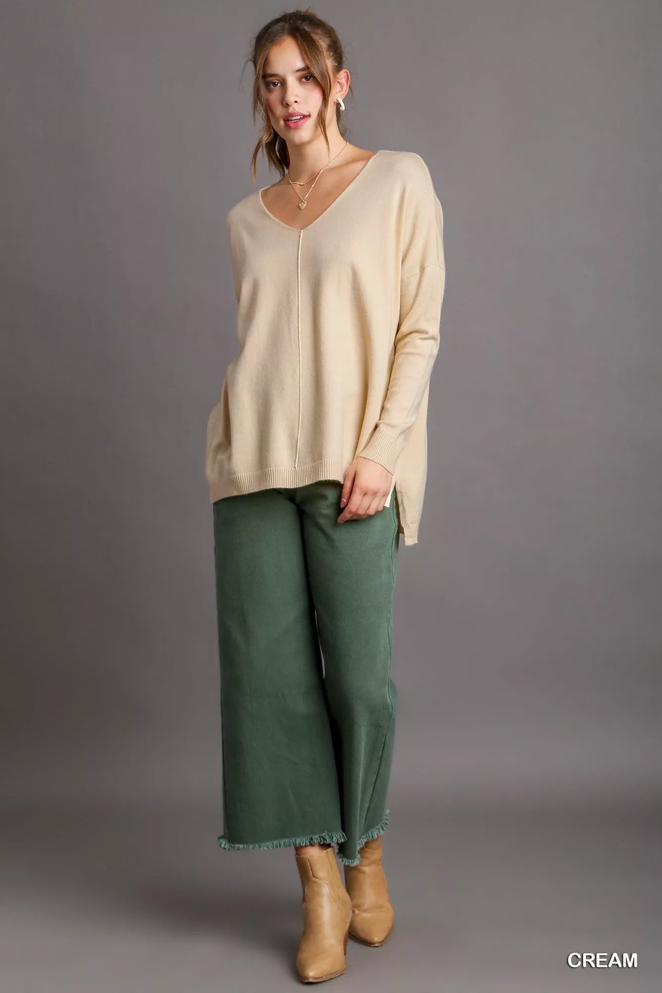 Umgee V-Neck High Low Hem Knit Top with Side Slit