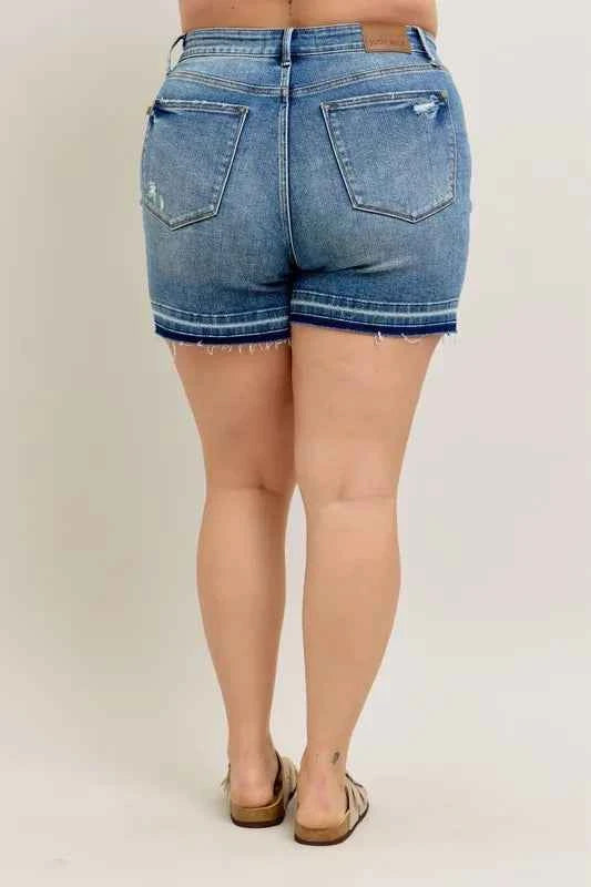 Judy Blue Full Size Mr Tummy Control Vintage Wash Release Hem Shorts Plus Size