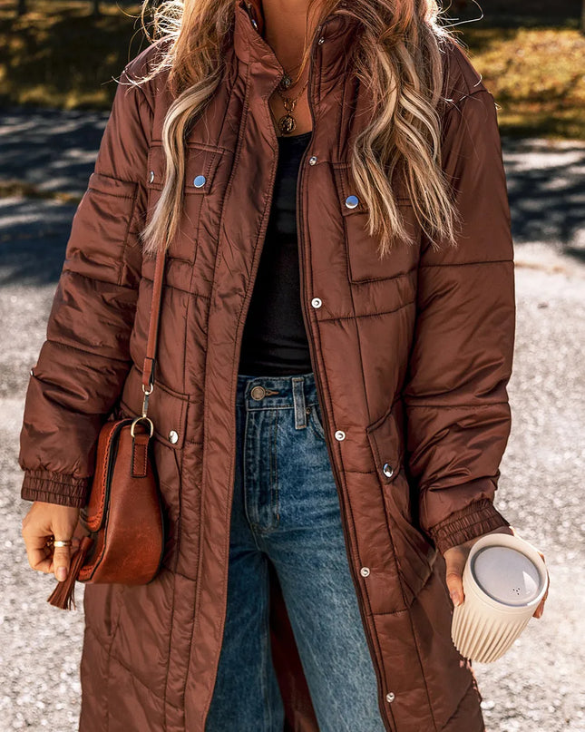 Pocketed Bubble Texture Long Sleeve Longline Winter Coat