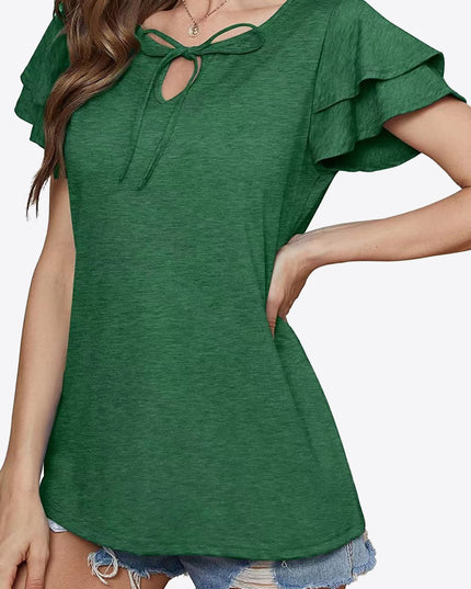 Tie-Neck Layered Flutter Sleeve Blouse