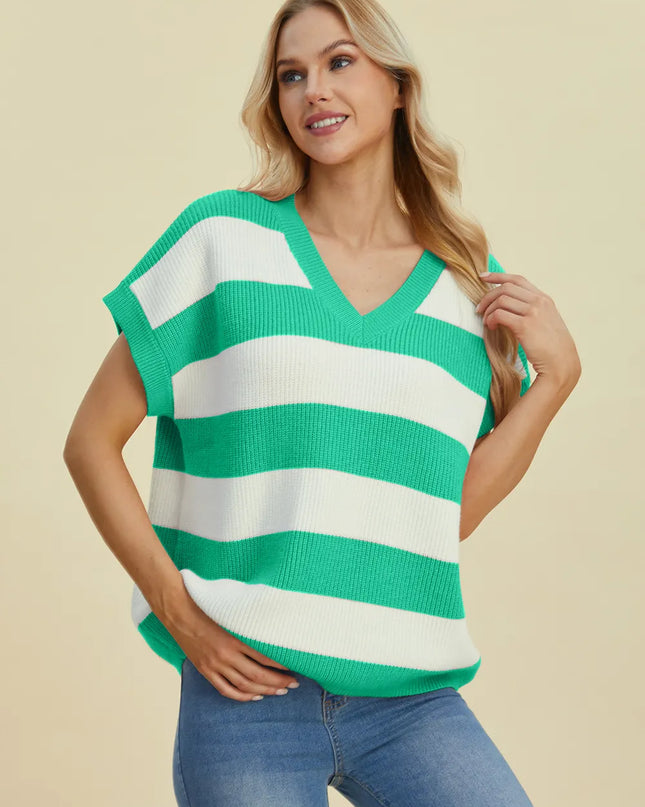 Double Take Full Size Striped V-Neck Short Sleeve Sweater