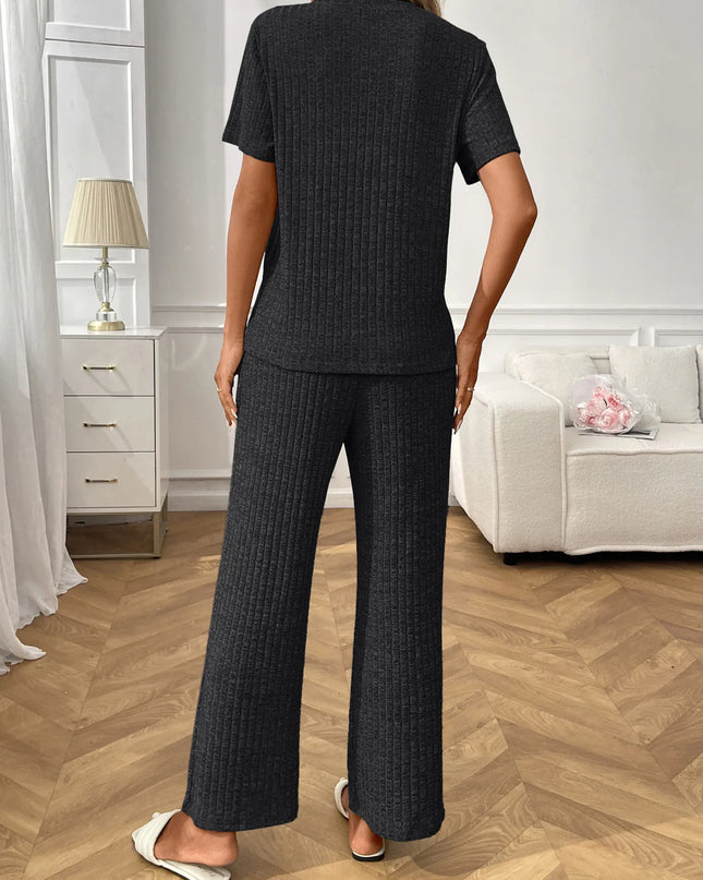 Ribbed Knit Short Sleeve Top and Pants Lounge Set
