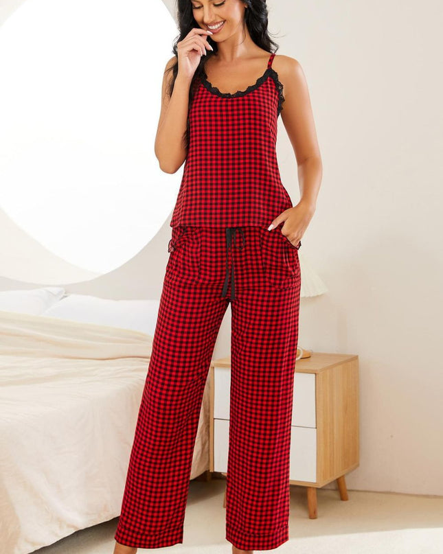 Plaid Lace Trim Cami and Drawstring Pants Pajama Set