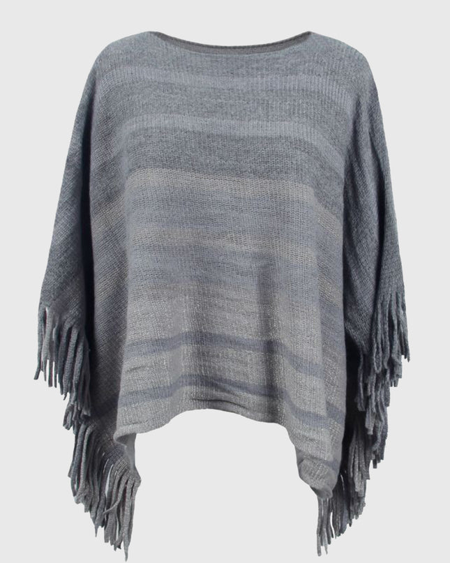 Striped Boat Neck Poncho with Fringes Charcoal One Size