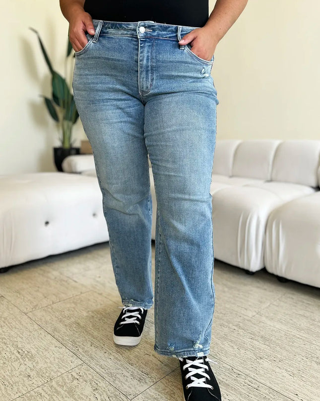 Judy Blue Full Size Mid Rise Distressed Straight Jeans