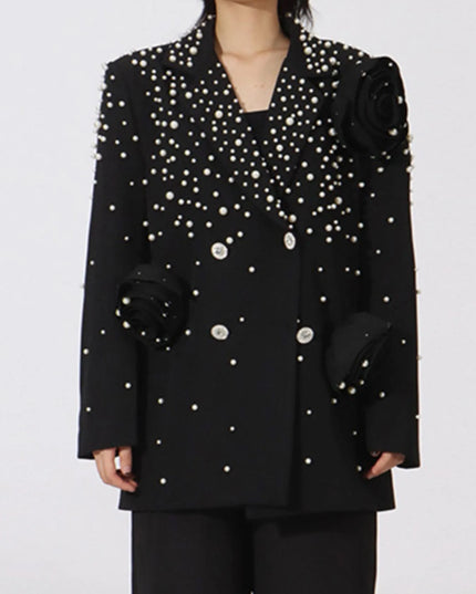Pearl Embellished Double-Breasted Blazer Black
