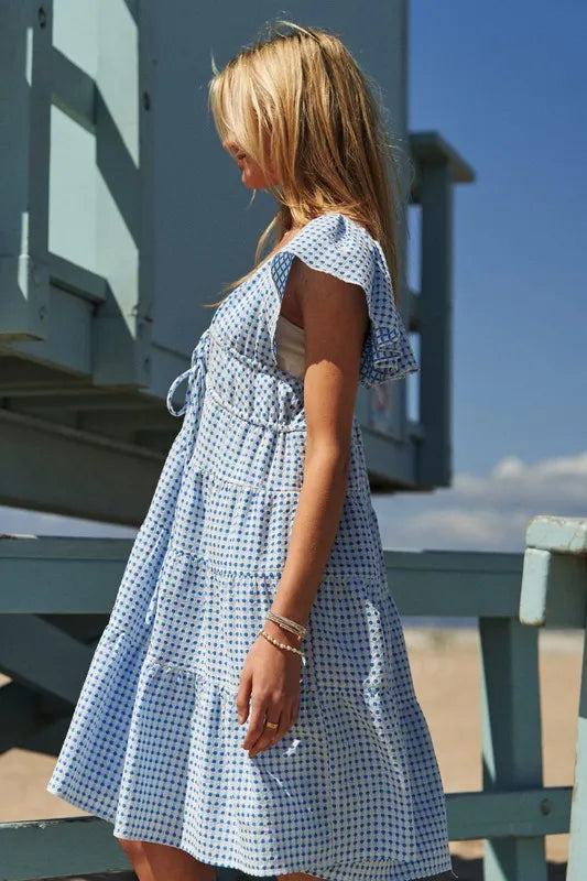 Davi & Dani Jacquard V-Neck Flutter Cap Sleeve Tiered Dress