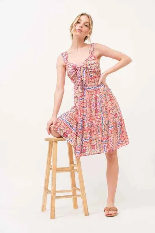 And The Why Tied Front Smocked Back Tiered Boho Printed Dress