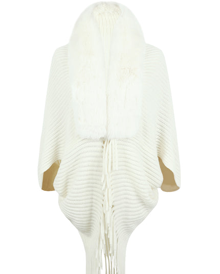 Fringe Detail Long Sleeve Ribbed Poncho