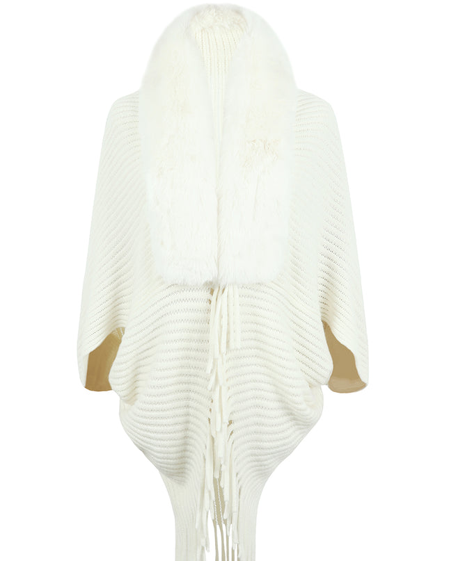 Fringe Detail Long Sleeve Ribbed Poncho