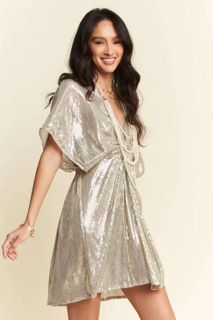 Davi & Dani Sequin Plunge Neck Knot Cut Out Tie Back Party Dress