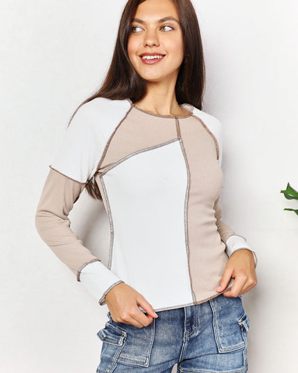 Double Take Color Block Exposed Seam Top