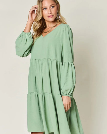 Double Take Full Size V-Neck Balloon Sleeve Tiered Dress with Pockets