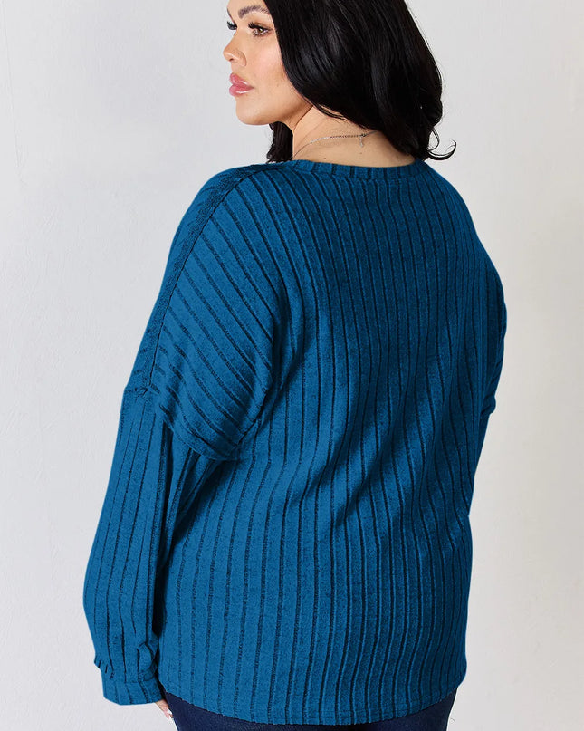 Basic Bae Full Size Ribbed Half Button Long Sleeve T-Shirt