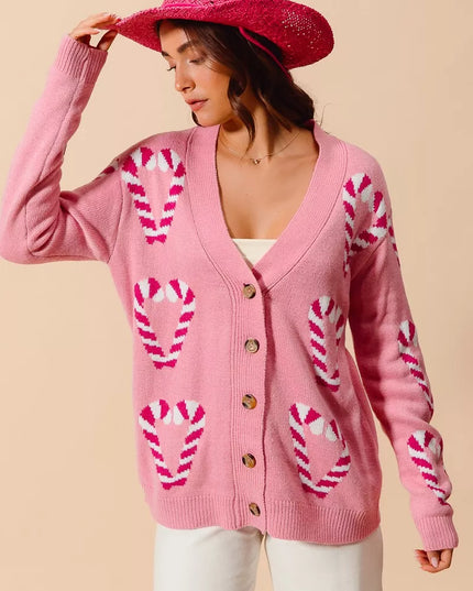 SO ME Christmas Candy Cane Button Front Sweater Cardigan