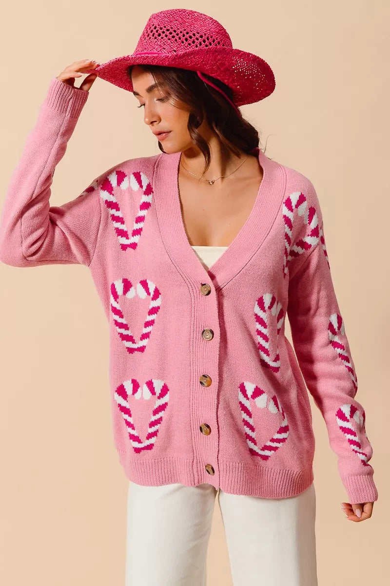SO ME Christmas Candy Cane Button Front Sweater Cardigan