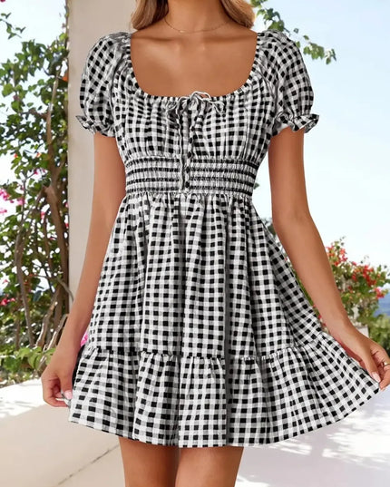 Gingham Smocked Puff Sleeve Summer Dress