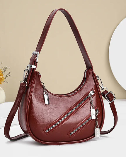 Diagonal Zipper Leather Shoulder Bag 