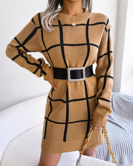 Plaid Round Neck Dropped Shoulder Sweater Dress Khaki
