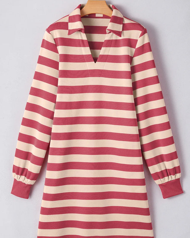 Contrast Striped Johnny Collar Long Sleeve Mini Dress