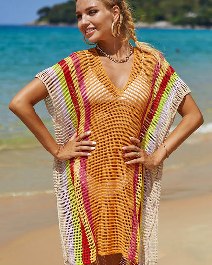 Angel Wings Openwork Striped Slit Knit Cover Up