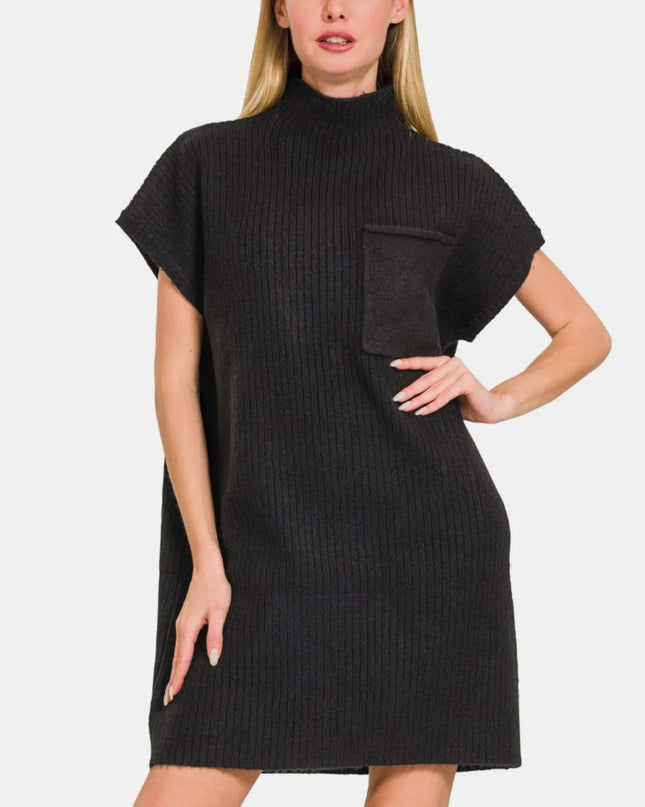 Zenana Short Sleeve Sweater Mini Dress Black