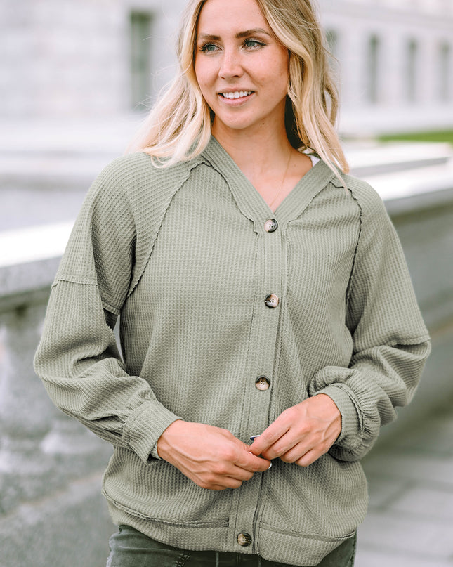 Button Down V-Neck Waffle Knit Shirt