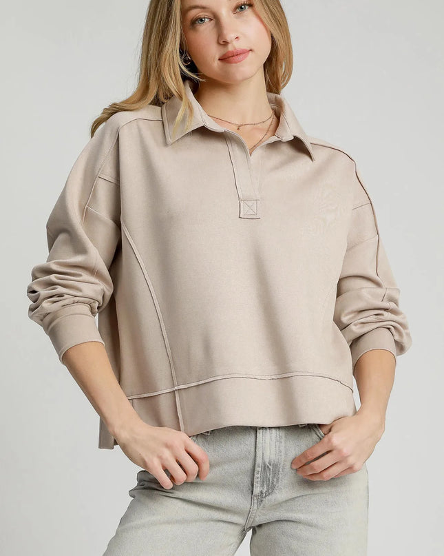 Umgee Exposed Seam Long Sleeve Polo Top with Side Slit STONE