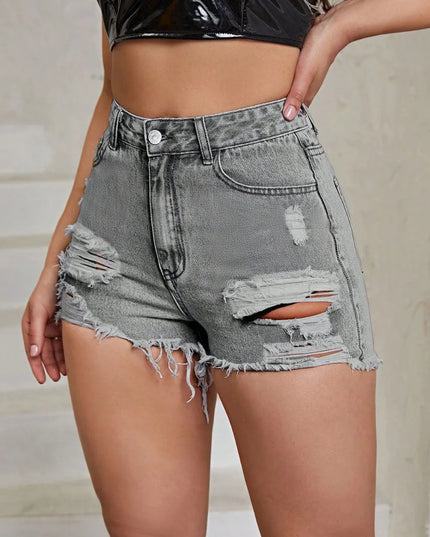 Distressed Raw Hem High Rise Denim Shorts