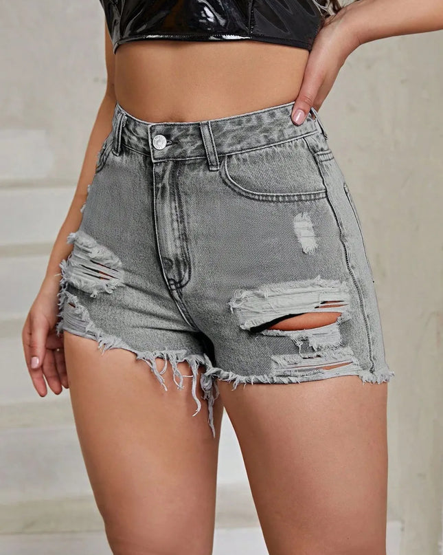 Distressed Raw Hem High Rise Denim Shorts