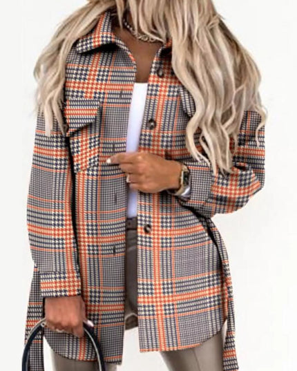 Button Up Long Sleeve Plaid Outerwear Orange