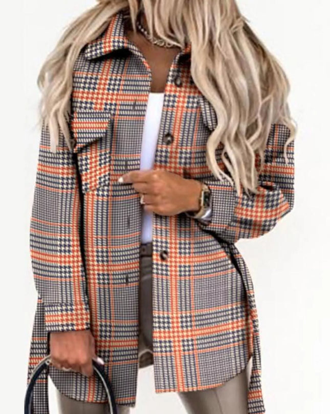Button Up Long Sleeve Plaid Outerwear Orange