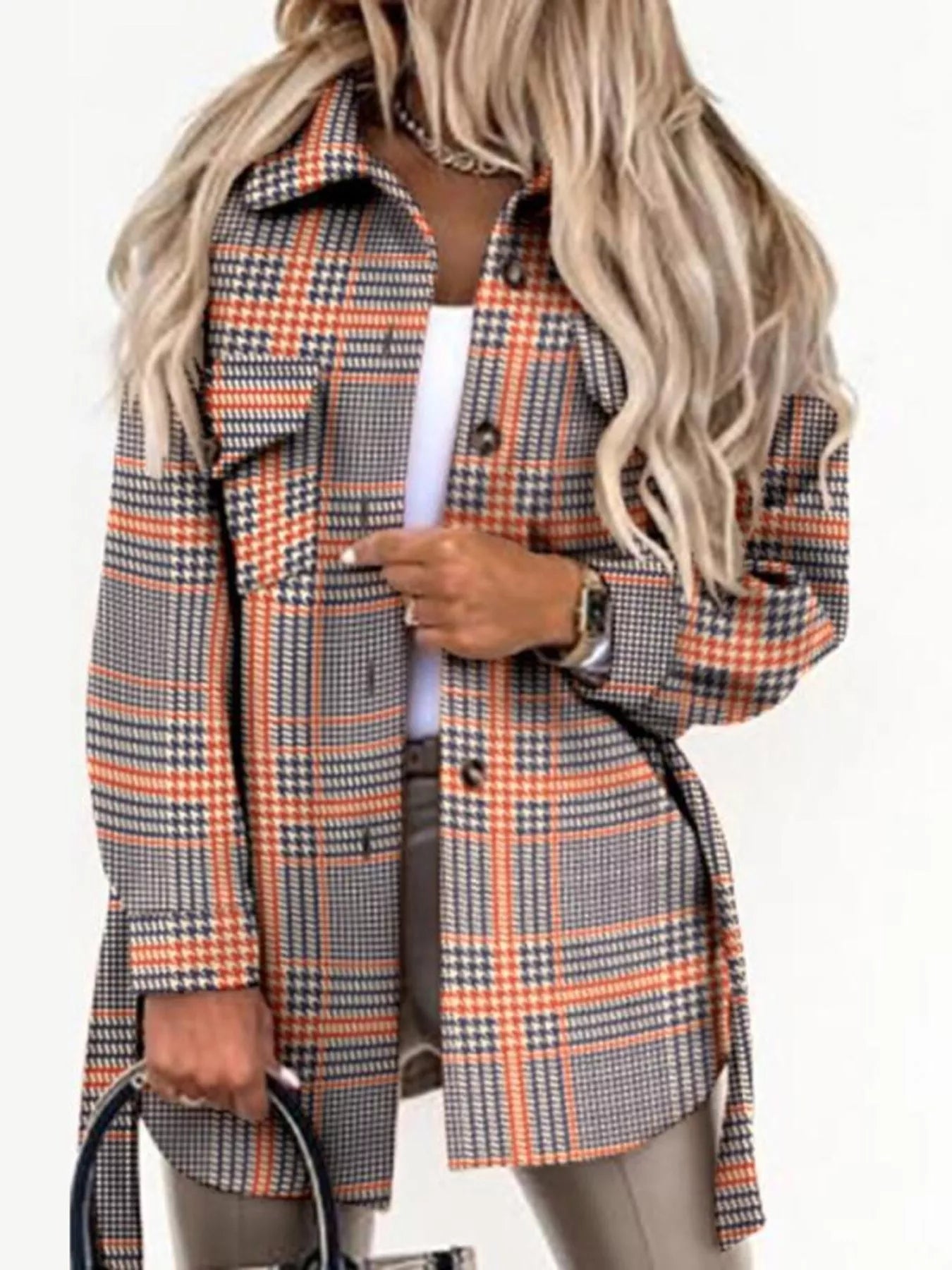 Button Up Long Sleeve Plaid Outerwear Orange