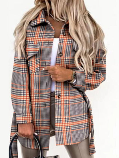 Button Up Long Sleeve Plaid Outerwear Orange
