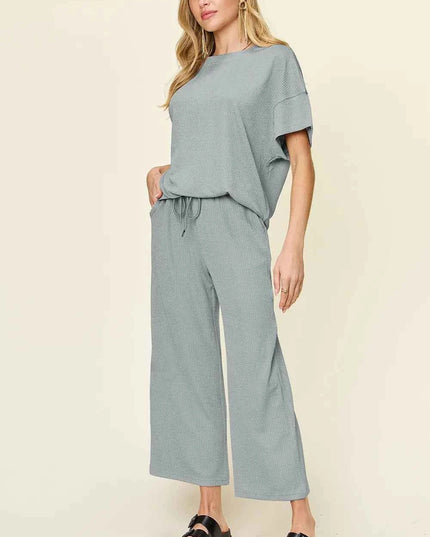 Double Take Full Size Texture Round Neck Short Sleeve T-Shirt and Wide Leg Pants
