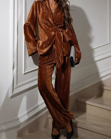 Velvet Tie Waist Blazer and Pants Set