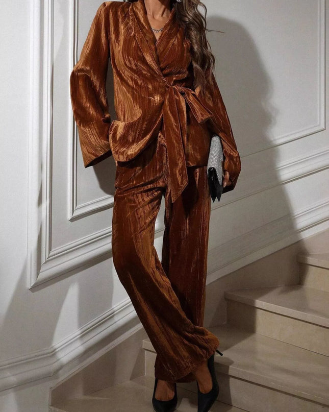 Velvet Tie Waist Blazer and Pants Set