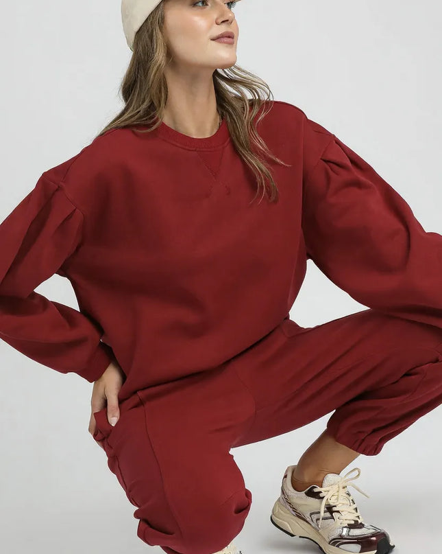 Umgee Round Neck Sweatshirt with Pleated Detail