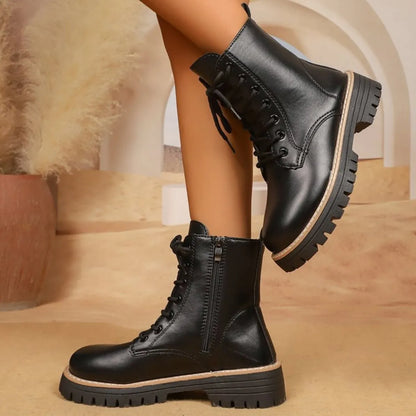 Lace Up Leather Combat Boots with Chunky Sole