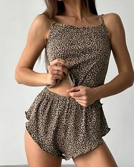 Leopard Cami Cardigan and Shorts 3-Piece Set
